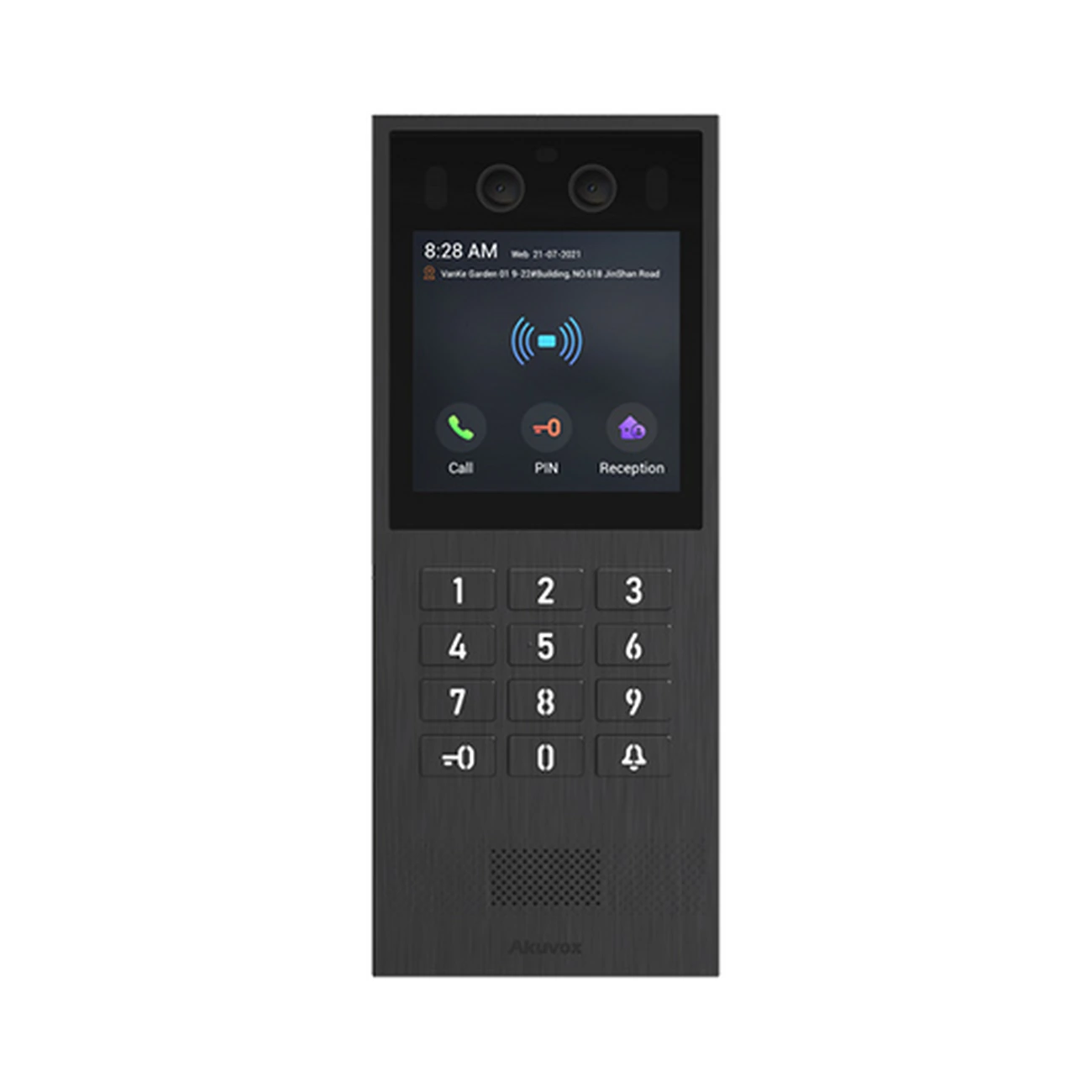 akuvox-x912k-front-01 آیفون تصویری Akuvox X912K با بدنه تیره، نمایشگر لمسی ۴ اینچی، دوربین و صفحهکلید عددی فیزیکی