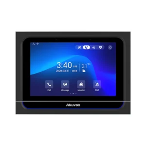 مانیتور هوشمند Akuvox X933S با نمایشگر لمسی ۷ اینچی، قاب مستطیلی مشکی و رابط کاربری آبیرنگ آیفون تصویری