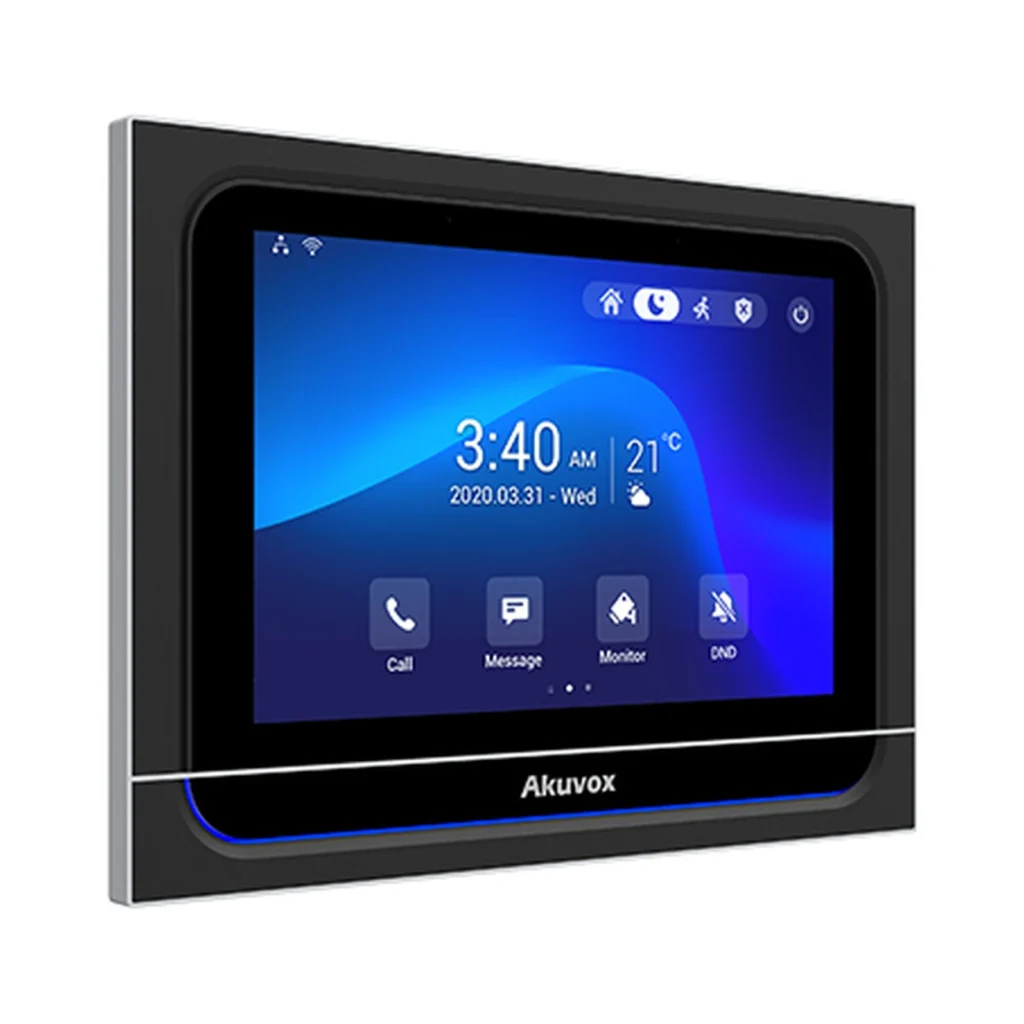 مانیتور هوشمند Akuvox X933W با نمایشگر لمسی ۷ اینچی، قاب مستطیلی مشکی، حاشیه نقره‌ای باریک و رابط کاربری آبی‌رنگ