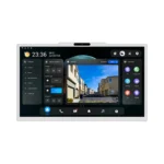 مانیتور هوشمند Akuvox X937 با نمایشگر لمسی بزرگ ۱۵.۶ اینچی، قاب سفید باریک و صفحه نمایش چند تصویر دوربین مداربسته