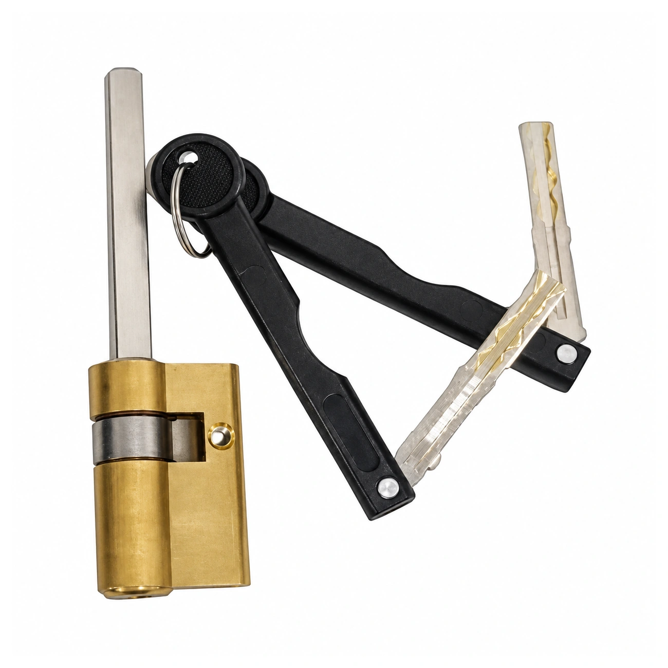 brass-cylinder-folding-keys-01 سیلندر و کلید قفل Homelock شامل سیلندر فولادی ضدبرش و دو کلید مکانیکی اضطراری مخصوص دستگیره دیجیتال