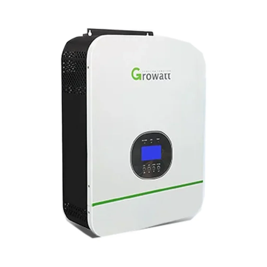 اینورتر خورشیدی ۳ کیلووات Growatt مدل SPF 3000TL LVM-ES با بدنه سفید، پنل جلویی مشکی، نمایشگر و کلیدهای کنترلی