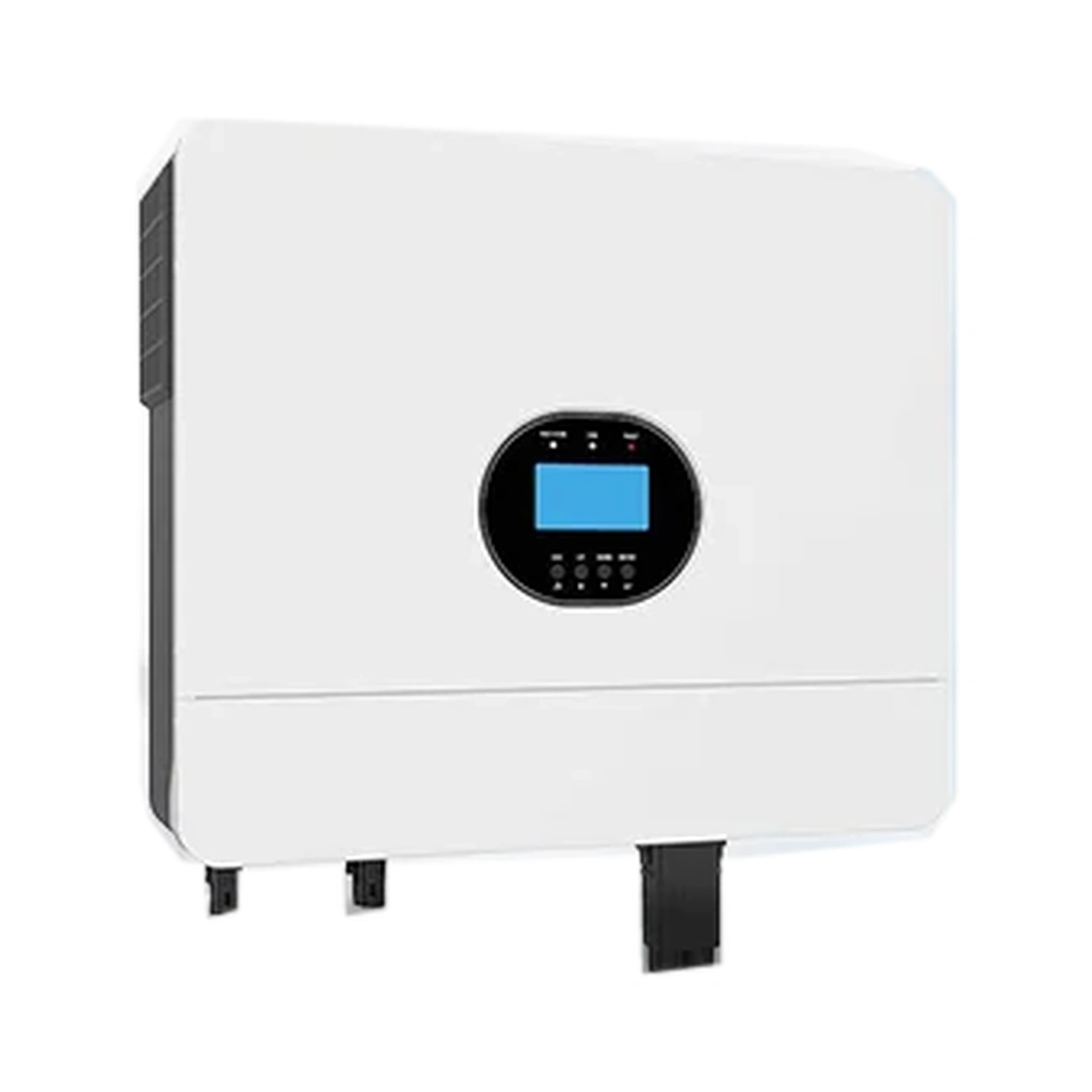 growatt-6kw-solar-inverter-front-01 اینورتر خورشیدی ۶ کیلووات Growatt مدل SPF 6000 ES Plus با بدنه سفید، نمایشگر آبی و پنل کنترلی مشکی در قسمت جلویی