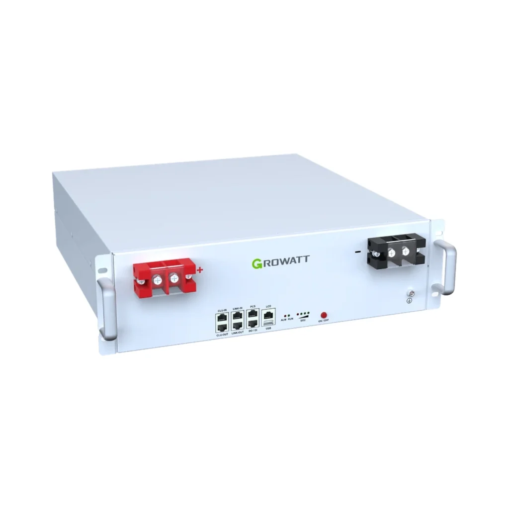 باتری لیتیومی ۵ کیلووات‌ساعت Growatt مدل HOPE 5.0LW-B1 با بدنه سفید مستطیلی، لوگوی گرووات و نمایشگر دایره‌ای مشکی در قسمت جلو