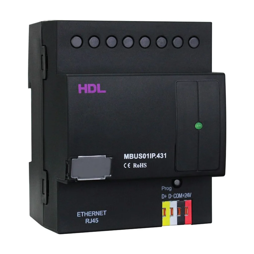 رابط IP تک‌پورت HDL مدل MBUS01IP.431 با پورت Ethernet RJ45، ترمینال HDL Buspro و نشانگر وضعیت