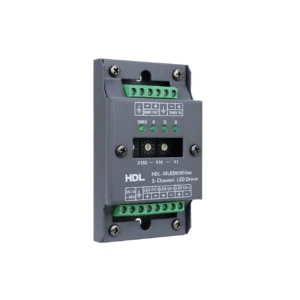 درایور LED سه کانال HDL مدل MLED03650mA با ترمینال‌های DMX، سه خروجی RGB و کلیدهای گردان تنظیم آدرس