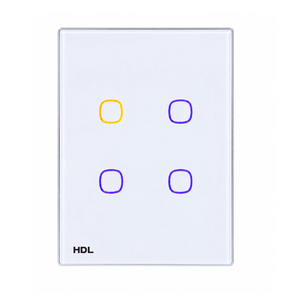 hdl-mpt4-46-a-front-lit-white کلید هوشمند چهار پل HDL مدل MPT4.46-A با چهار کلید لمسی و طراحی دیواری