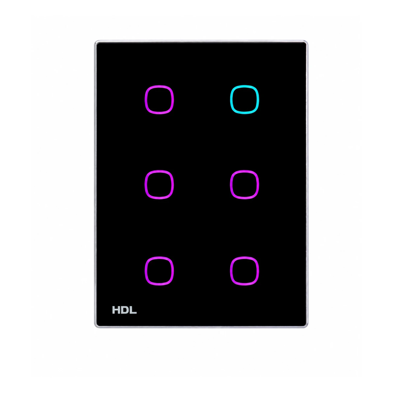 hdl-mpt6-46-a-front-lit-black کلید هوشمند شش پل HDL مدل MPT6.46-A با شش کلید لمسی روی پنل دیواری