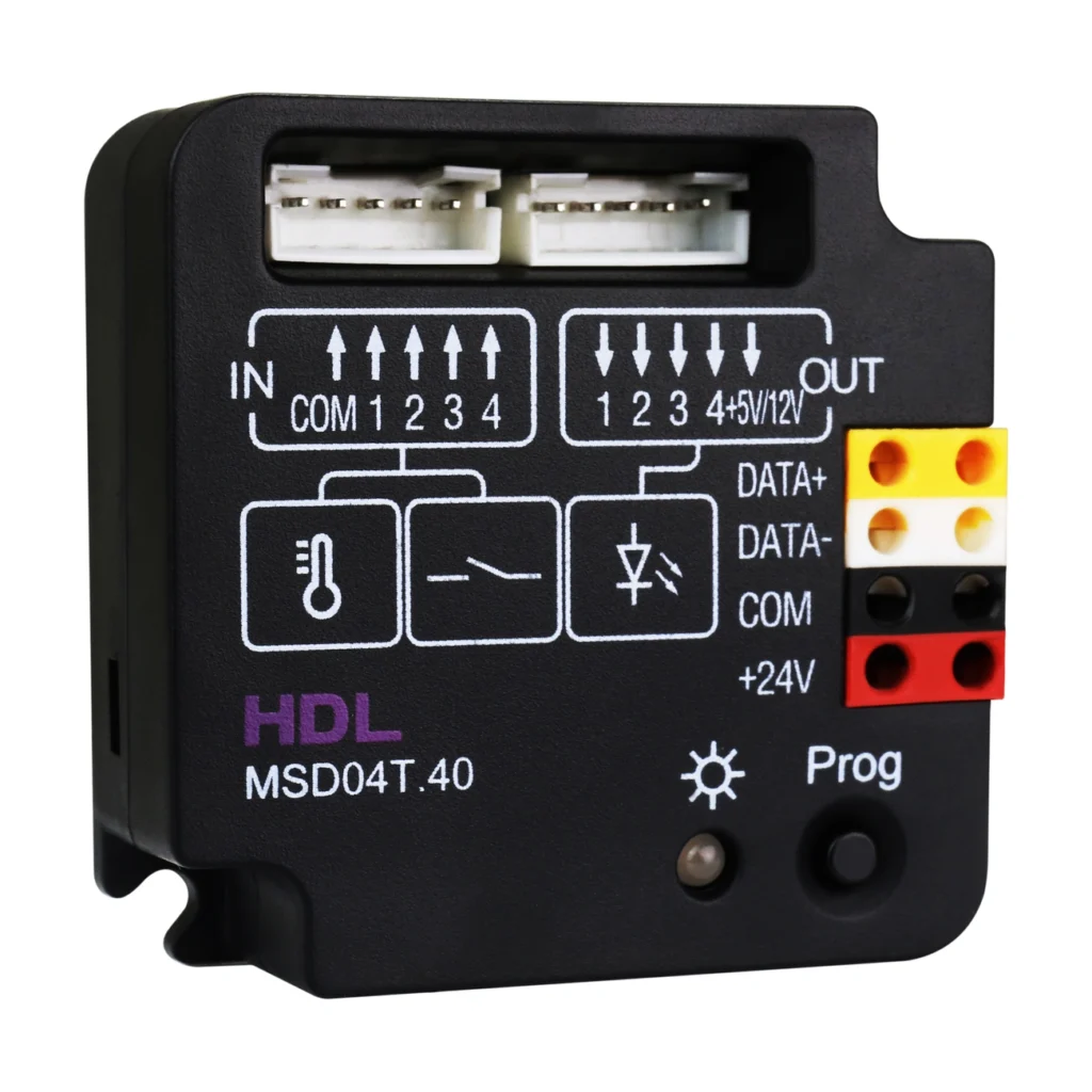 ماژول Dry Contact چهار کانال HDL مدل MSD04T.40 با ورودی کنتاکت خشک، خروجی LED، رابط Buspro و دکمه Programming