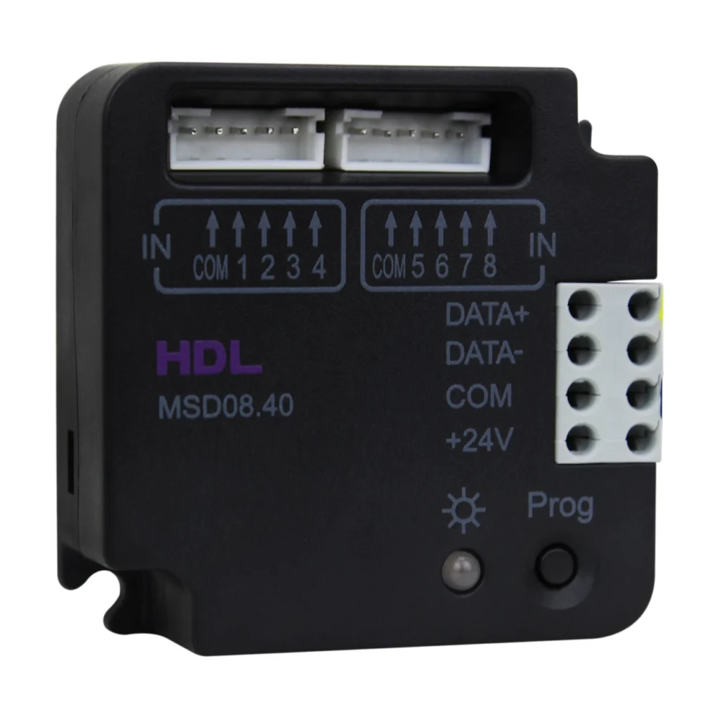 ماژول Dry Contact هشت کانال HDL مدل MSD08.40 با ۸ ورودی کنتاکت خشک، رابط Buspro و دکمه Programming