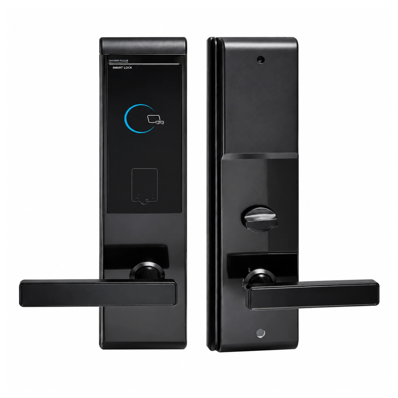 hotel-smart-lock-front-rear-01 دستگیره هوشمند هتلی Homelock با کارتخوان، بدنه فلزی آلیاژ روی و قفل شببند