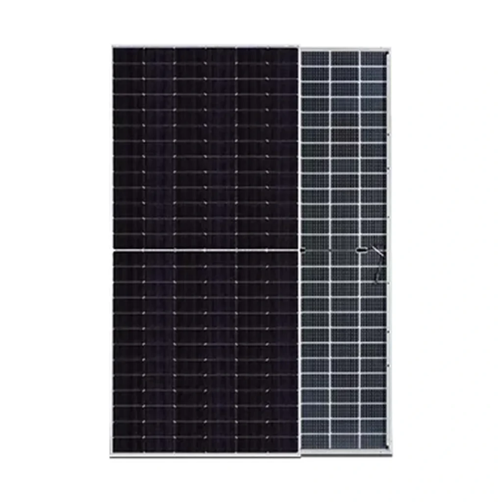 پنل خورشیدی ۶۲۵ وات JA Solar مدل JAM72D42-625/LB دوطرفه با سلول‌های تیره و قاب فلزی نقره‌ای