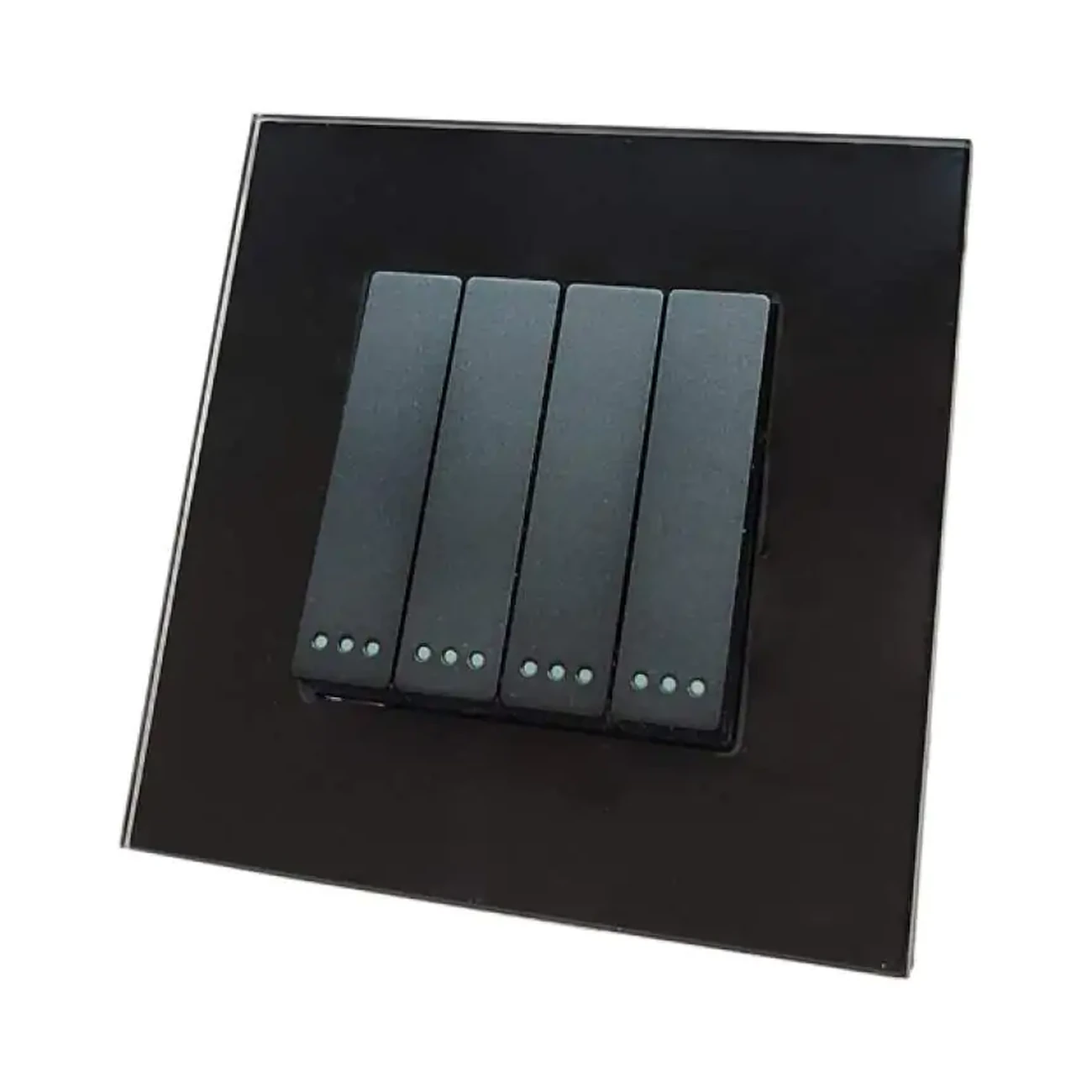 mechanical-switch-switch-four-gang-mechanical-glass-view-03 کلید ۴ پل مکانیکال دیواری با چهار کلید مستقل و فریم شیشهای Simple، Wollcano، آلومینیومی یا PVC