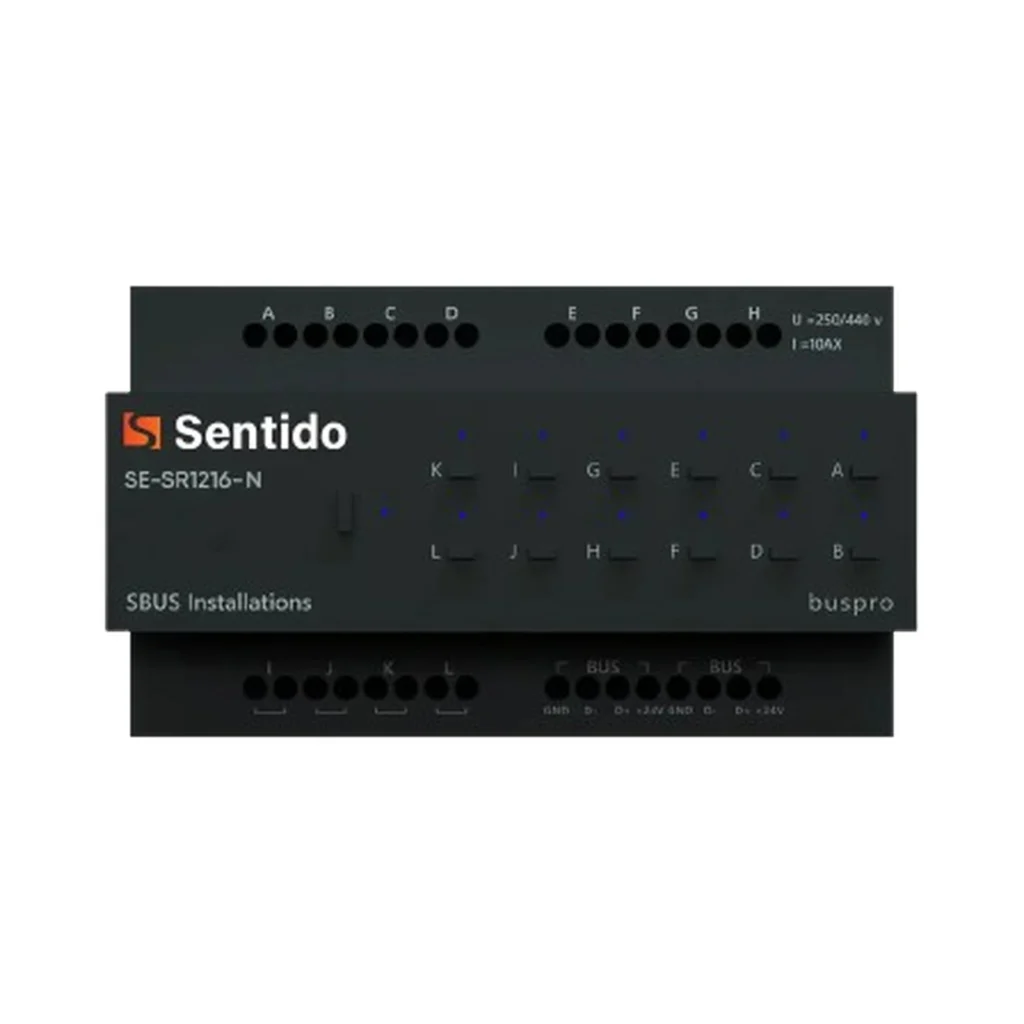 رله ۱۲ کانال ۱۶ آمپر Sentido مدل SE-SR1216-N با ۱۲ خروجی، رله لچینگ مغناطیسی و نصب ریلی DIN برای کنترل روشنایی و پرده هوشمند