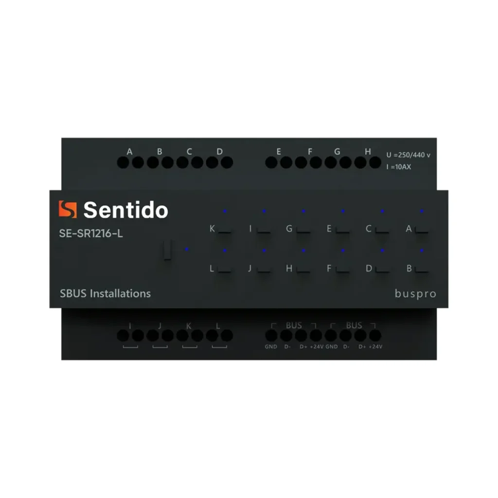 رله ۱۲ کانال ۱۶ آمپر Sentido مدل SE-SR1216-L با قابلیت کنترل روشنایی و پرده برقی و نصب روی ریل DIN