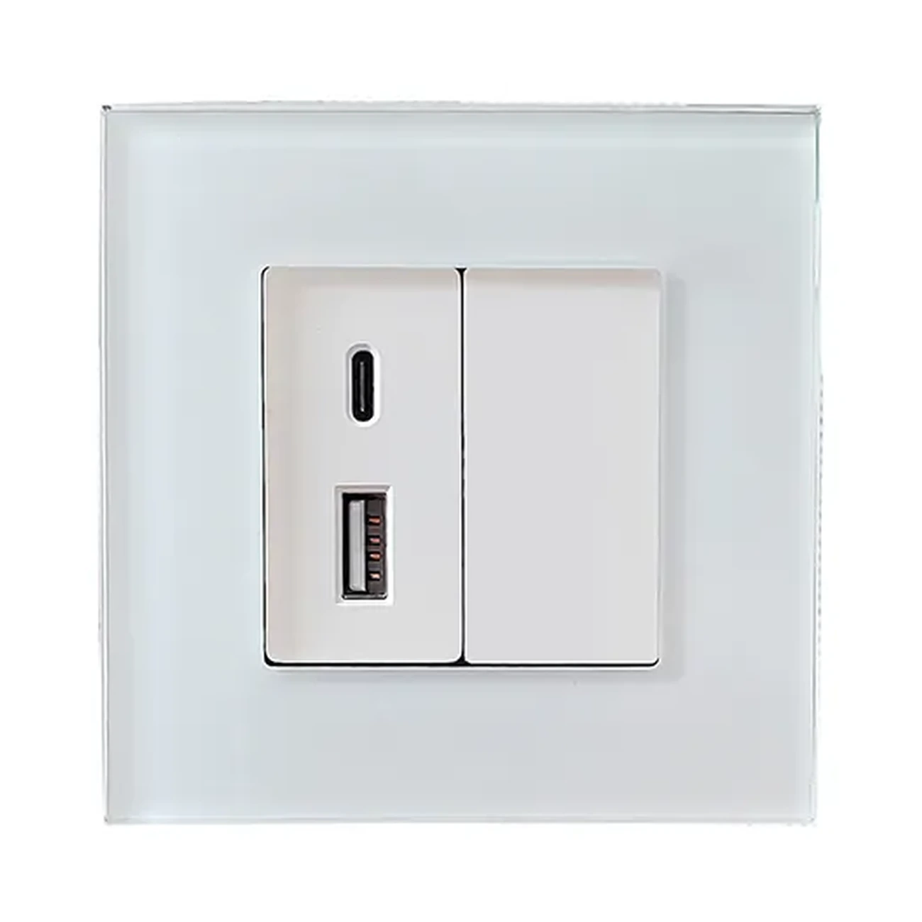 socket-accessory-charger-12-type-c-type-a-view-01 شارژر 1/2 تایپ C و تایپ A دیواری نیمخانه با دو پورت USB-A و USB-C و فریم شیشهای، آلومینیومی یا PVC