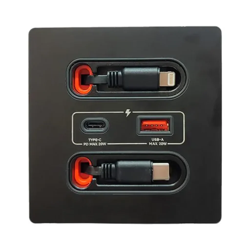 شارژر دیواری سیم دار ۲۰ وات با کابل جمع‌شونده، کابل Lightning و درگاه‌های USB-A و Type-C