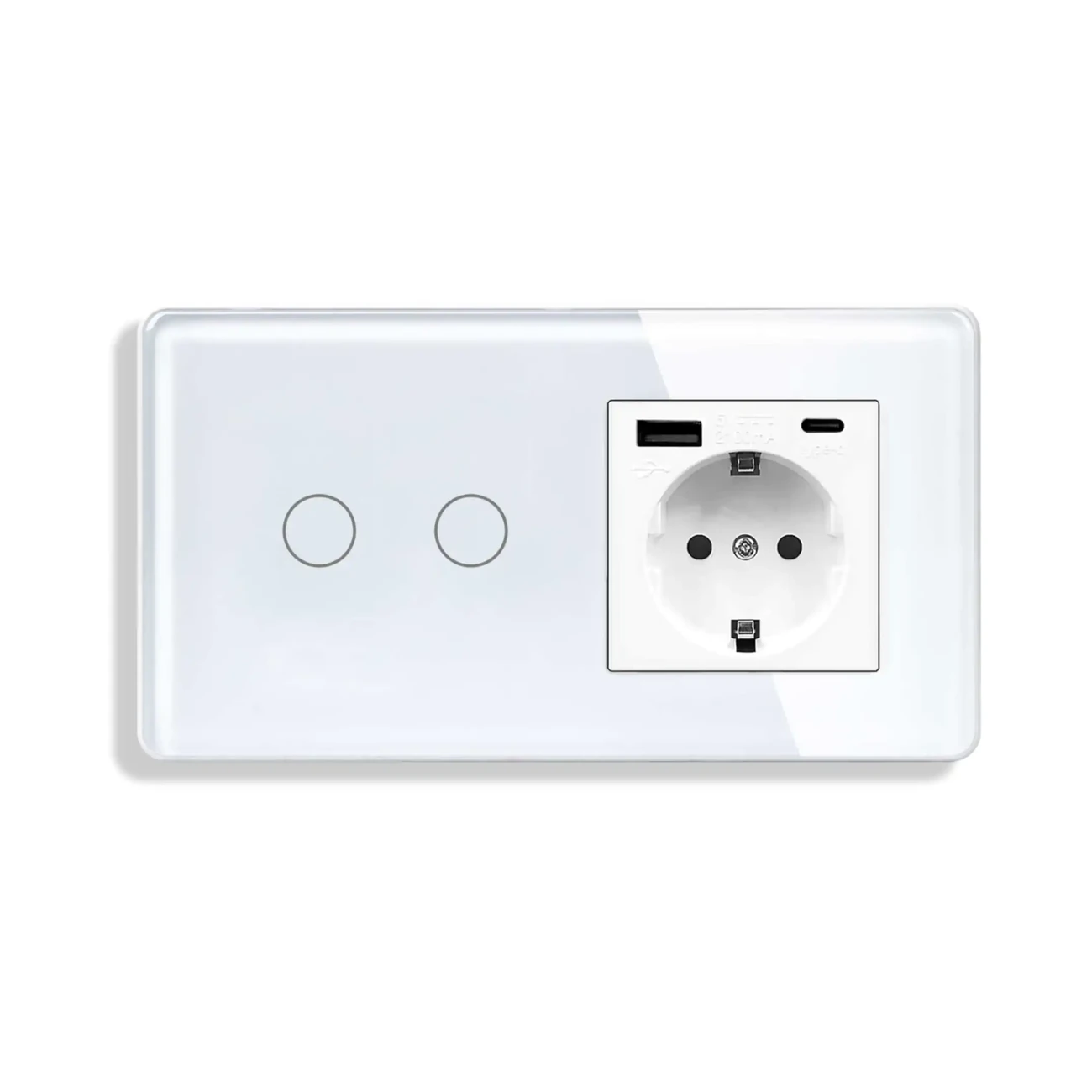 socket-accessory-switch-touch-smart-two-gang-socket-power-grounded-with-charger-view-01 کلید دو پل با پریز و شارژر