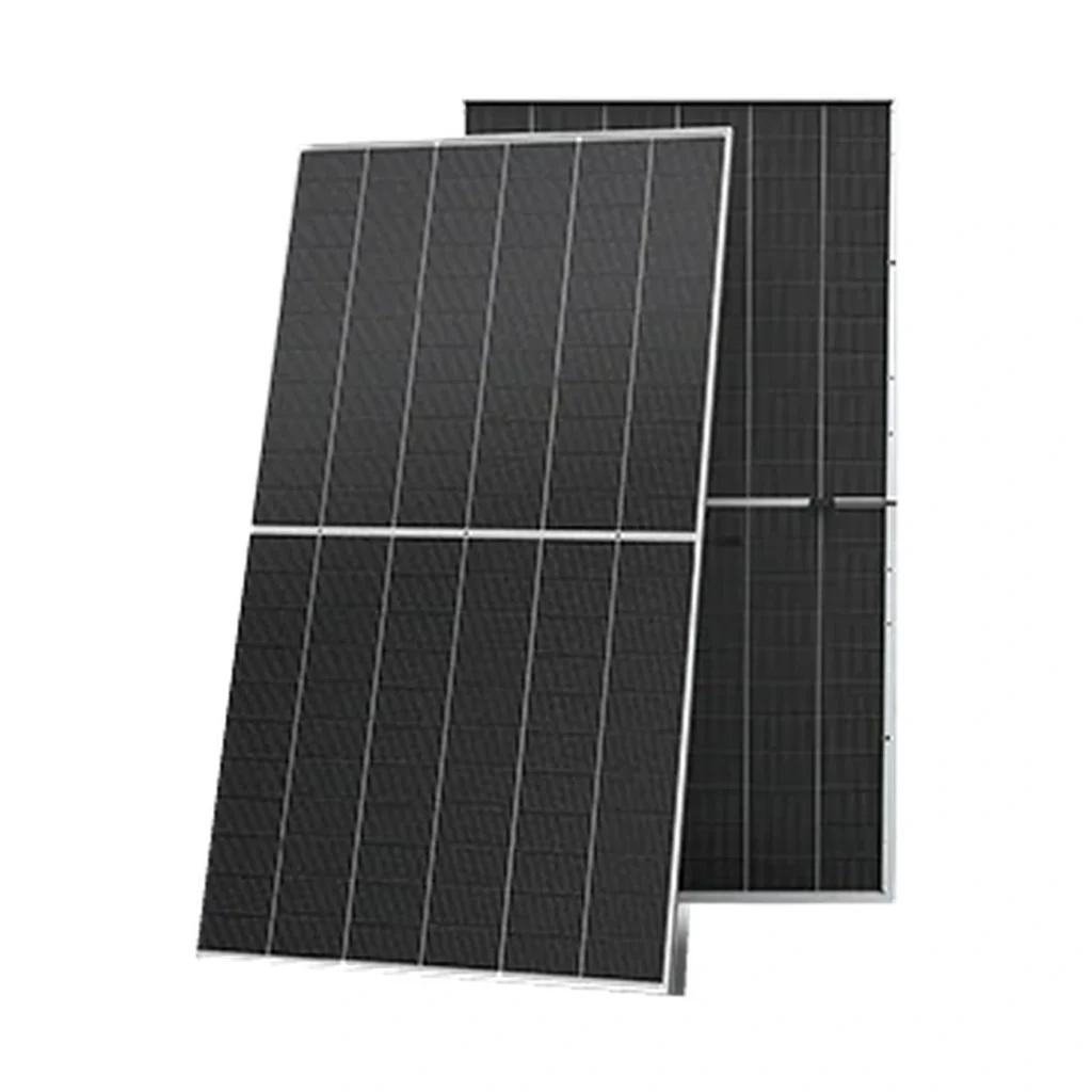 پنل خورشیدی ۶۲۰ وات Trina Solar مدل TSM-NEG19RC.20 دوطرفه با سلول‌های مونوکریستال تیره و قاب آلومینیومی نقره‌ای